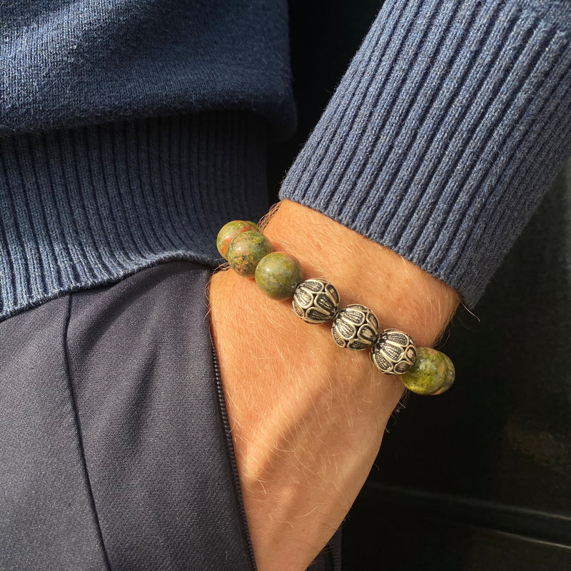 Premium groene Jasper, 12mm,  zilveren armband met natuursteen